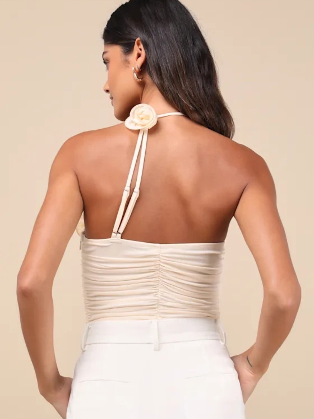 NWT Lulu's Ruched Cream Spaghetti-Strap Bodysuit with Flower Accent - Picture 2 of 5